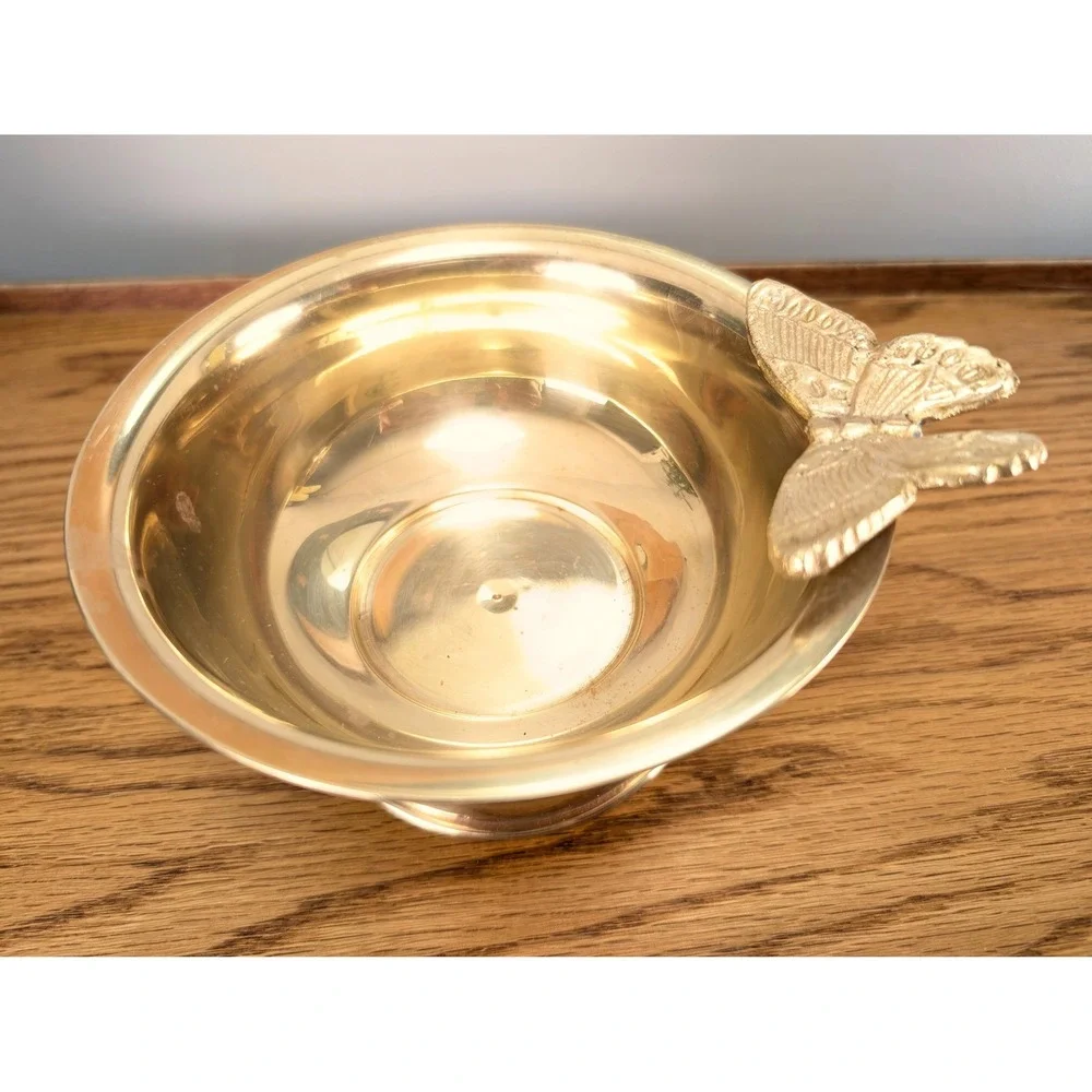 Vintage Butterfly Pedestal Bowl Solid Brass Hand Made in India Decorative Decor